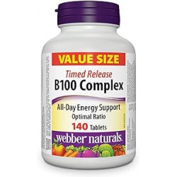 NEW EXP: 07/2026 - 140 TABLETS Webber Naturals Vitamin B100 Complex, Timed Release, 140 Tablets, Supports Energy Production and Metabolism, Vegan