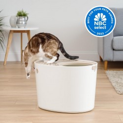 NEW IRIS USA Large Stylish Round Top Entry Cat Litter Box with Scoop, Curved Kitty Litter Pan with Litter Particle Catching Grooved Cover and Privacy Walls, White/Beige